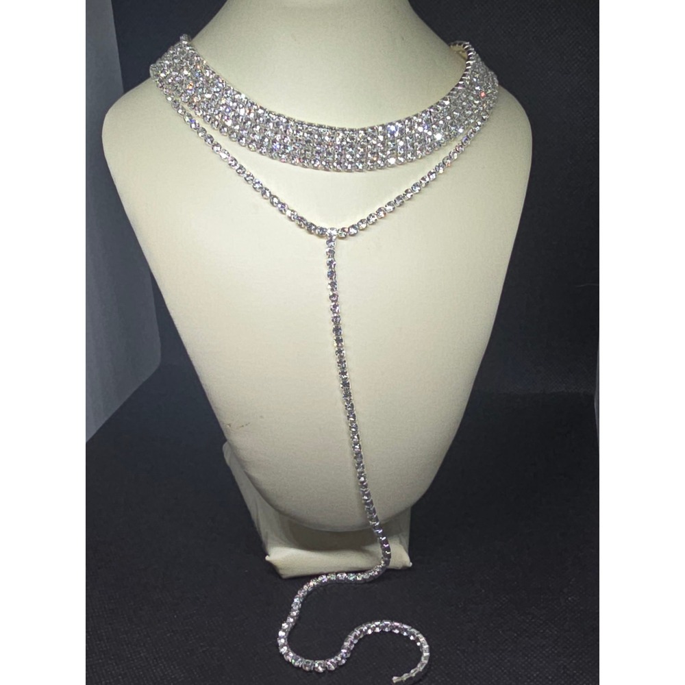 Rhinestone Choker Necklace Silver Tone Crystal Layered Statement Jewelry, Bling